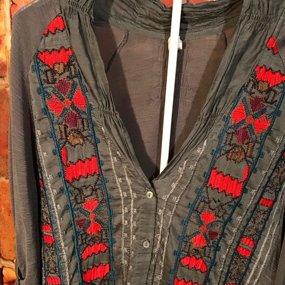 Aztec Embroidered Gray Button Down Top - image 4